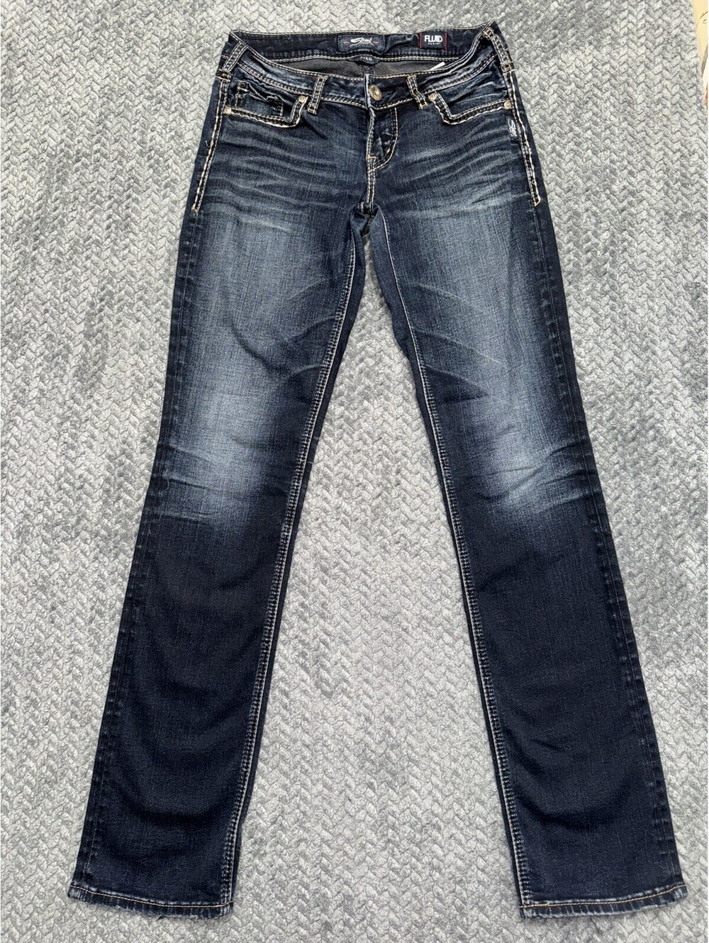 Silver Jeans Co Women’s Aiko Mid Rise Straight leg Jeans Blue Dark Wash Size 26